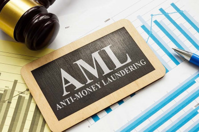 A dynamic visual encapsulating Anti-Money Laundering (AML) efforts. Iconic symbols of finance, compl